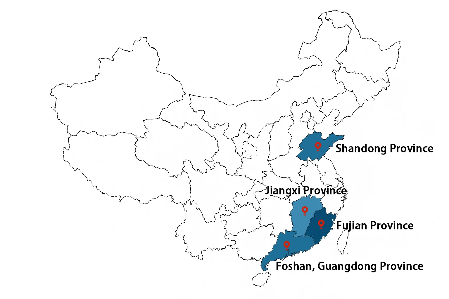 Map showing key regions for top 10 ceramic tile manufacturer China: Foshan, Fujian, Jiangxi, Shandong