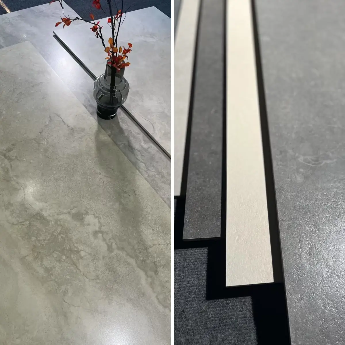 porcelain floor tile close-up, dense matte surface shows durability vs ceramic