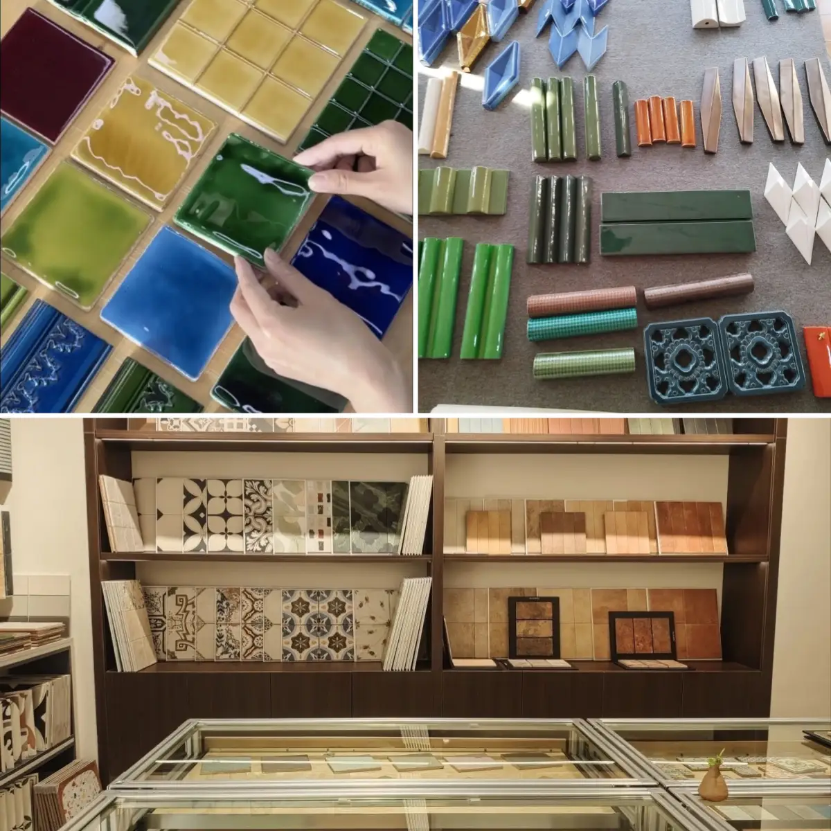 handmade ceramic tiles and trims displayed in showroom