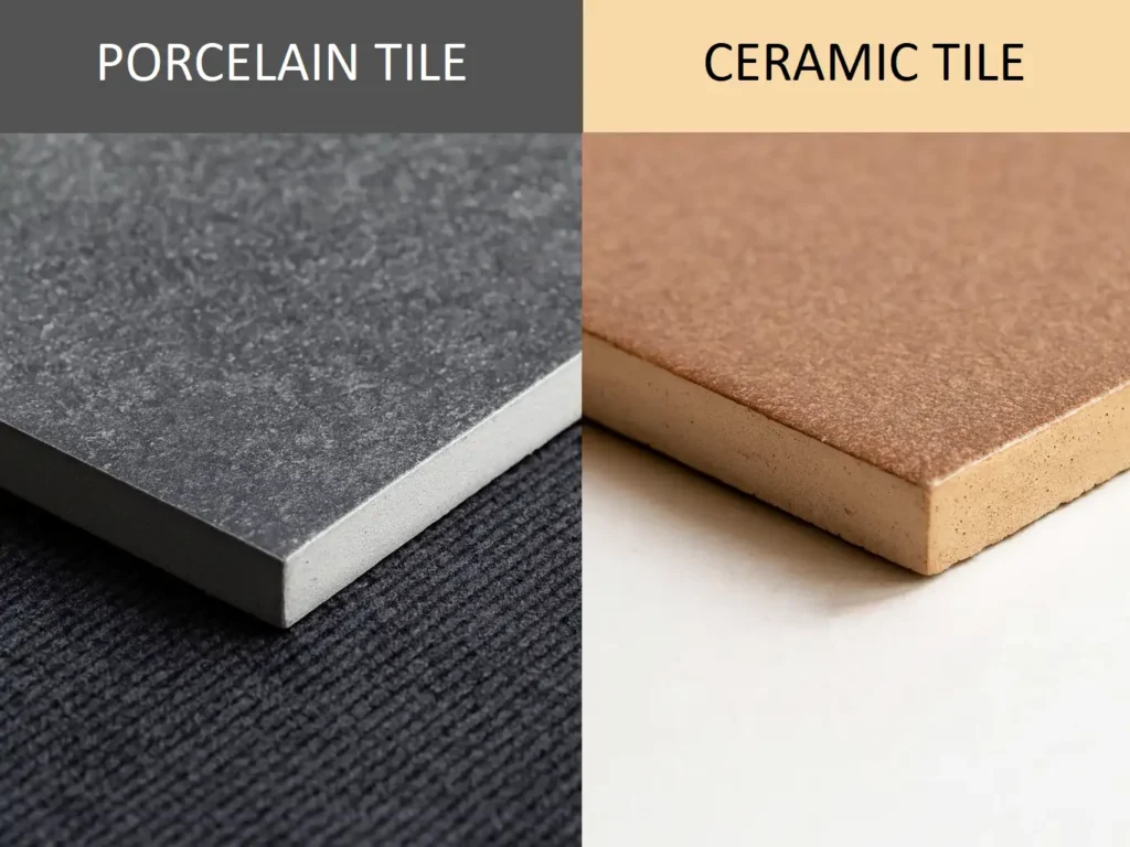 Side-by-side comparison of porcelain tile vs ceramic tile showing body density and surface