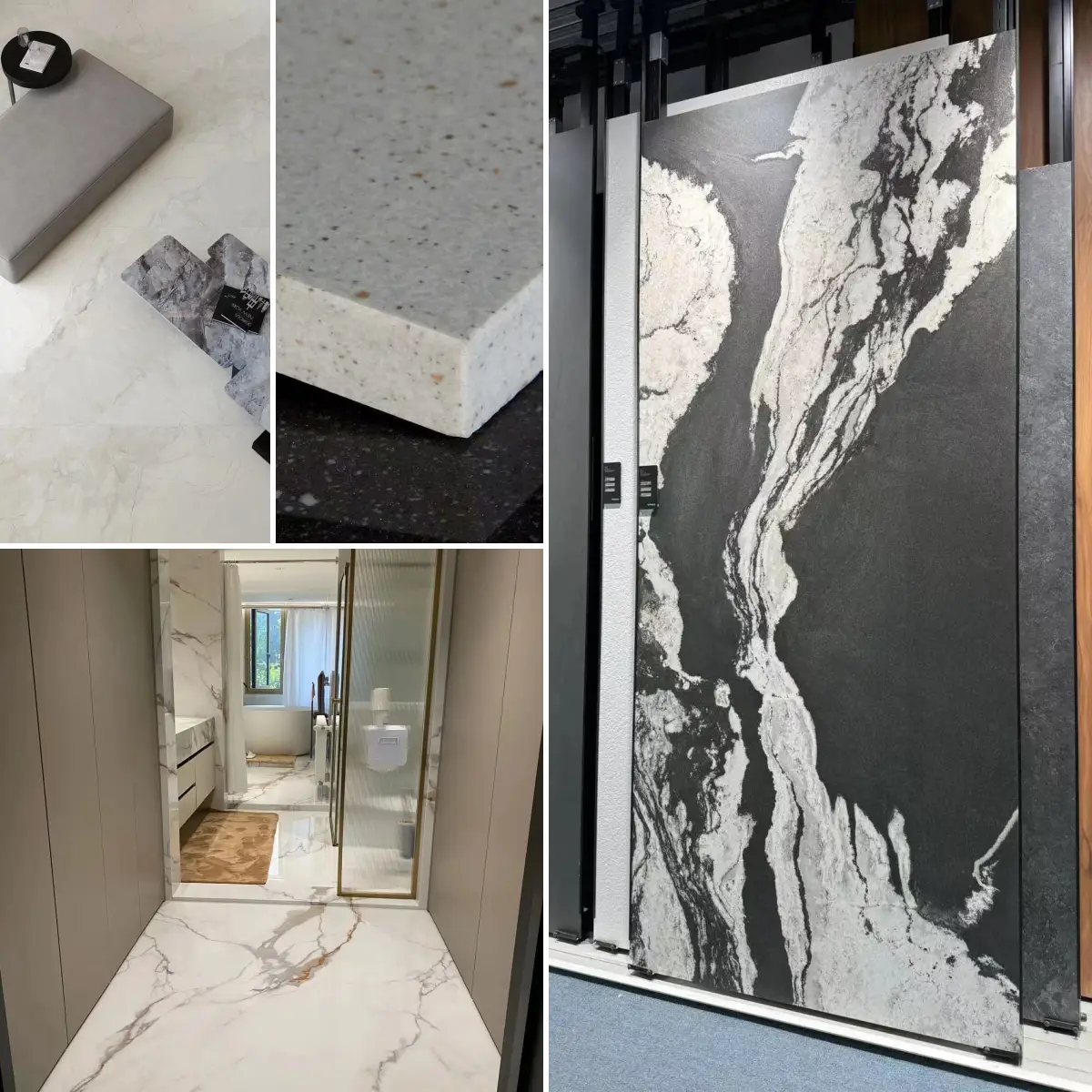 large format marble-look porcelain slabs in bathroom and living spaces