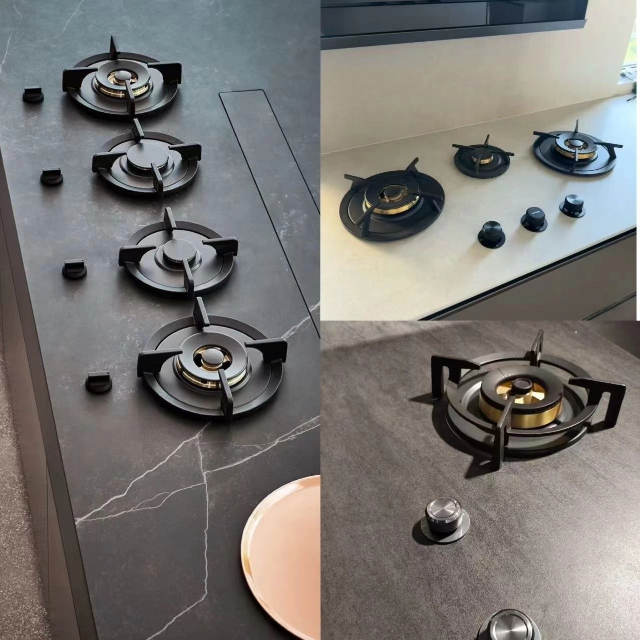 Heat-resistant sintered stone countertops surrounding gas cooktops in modern kitchens