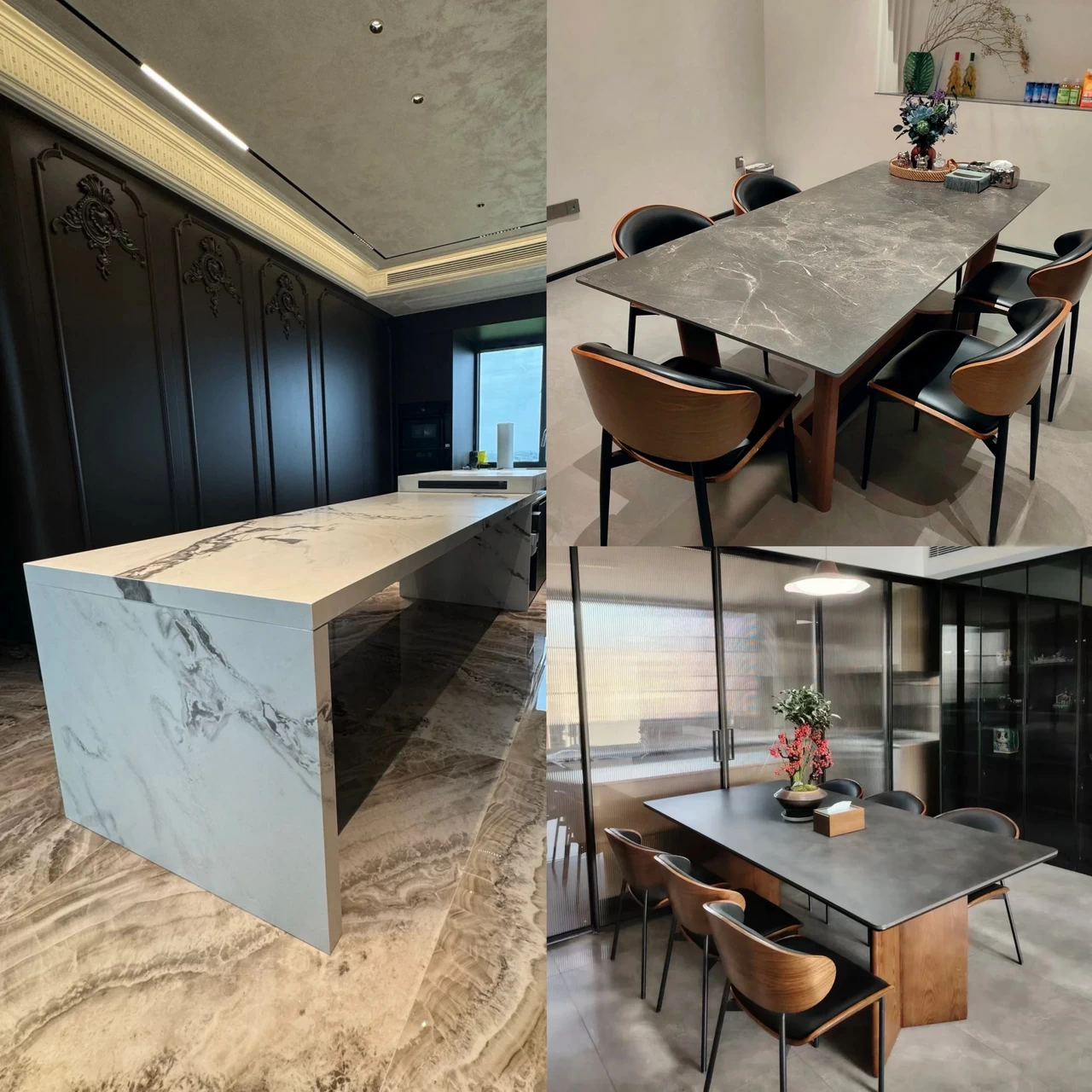 Sintered stone countertop for island and dining table, marble-look surfaces in modern rooms