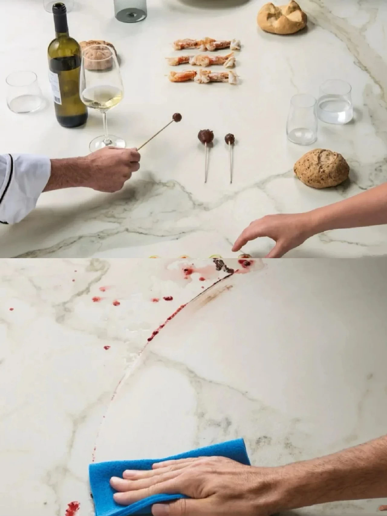 Sintered stone countertop shows easy cleaning after food spills and stains