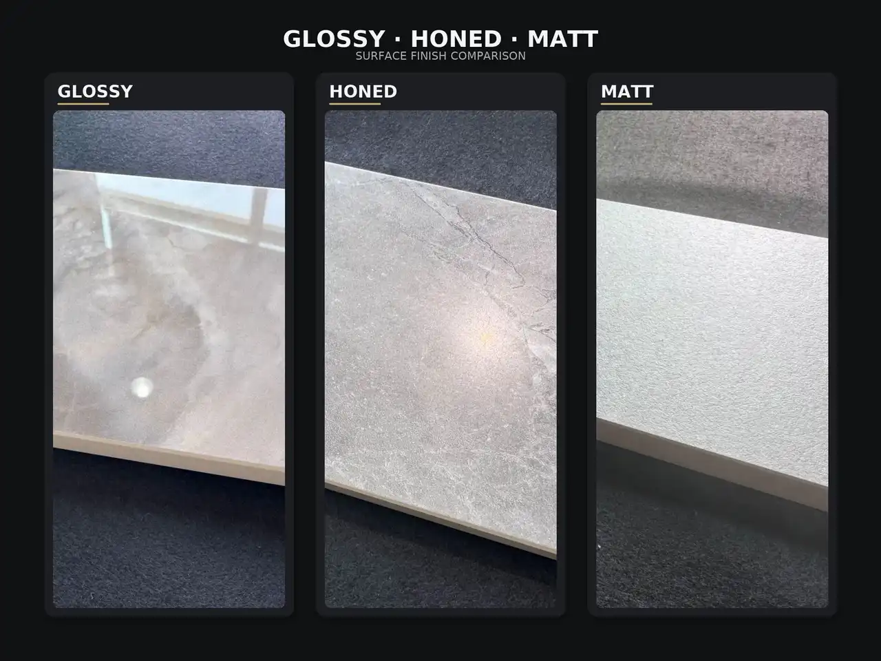 Glossy vs honed vs matt finish—porcelain tile surface comparison showing reflection, soft sheen and low-glare texture