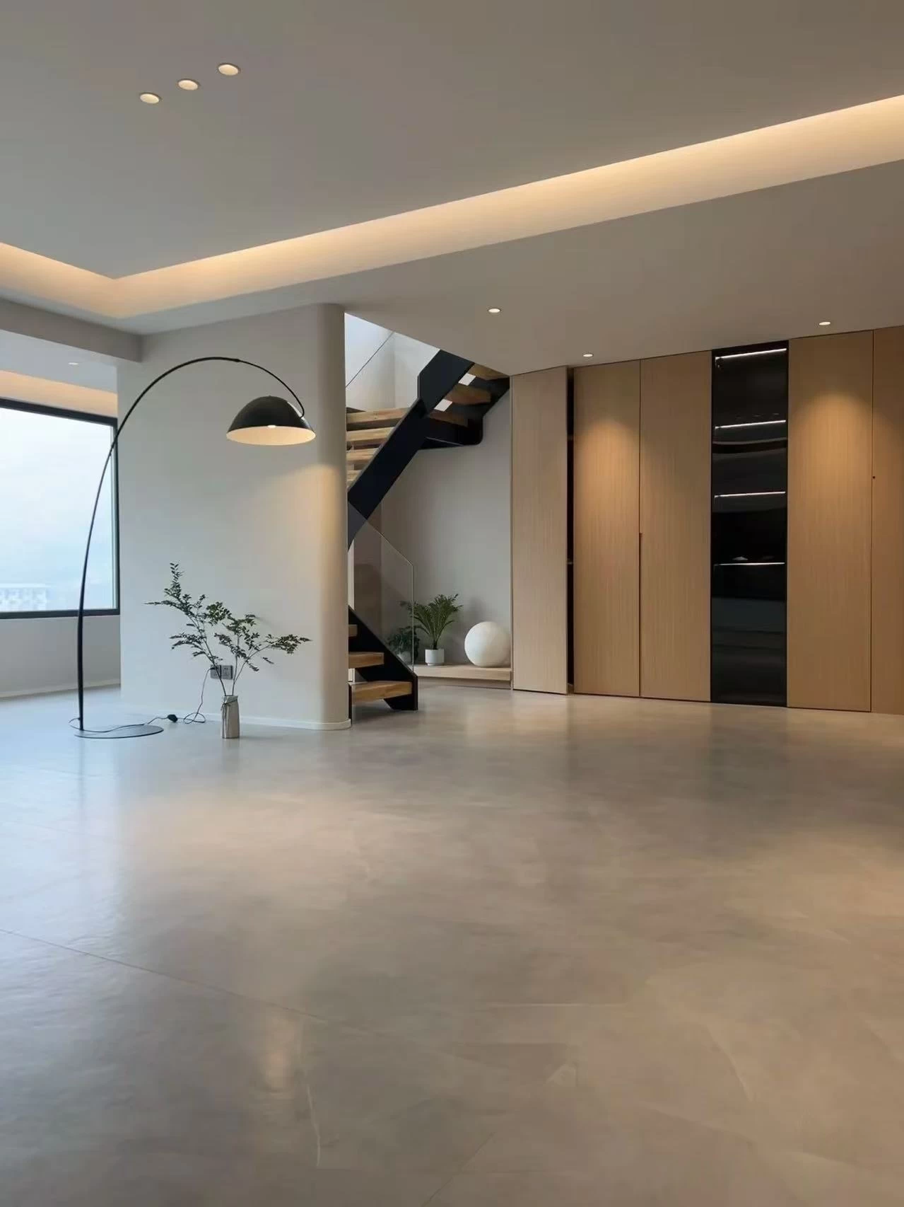 Modern staircase space finished with warm grey honed surface tile flooring and soft ambient lighting
