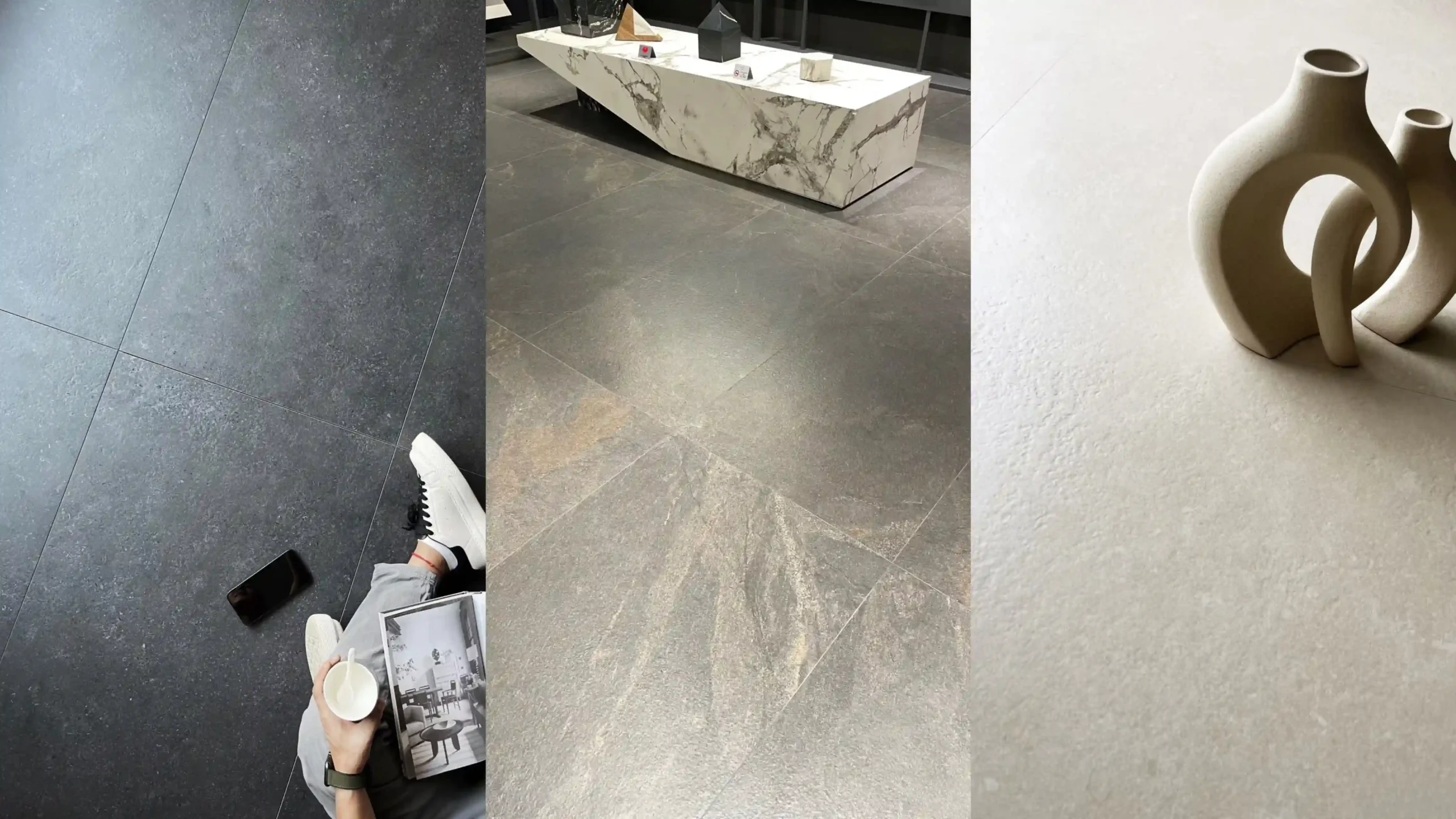 Textured China Matte Tile in Neutral Tones | Kingsun Detail of china matte tile textures in dark and beige tones