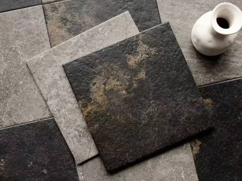 Rustic tile in charcoal and grey with stone-like texture from China manufacturer