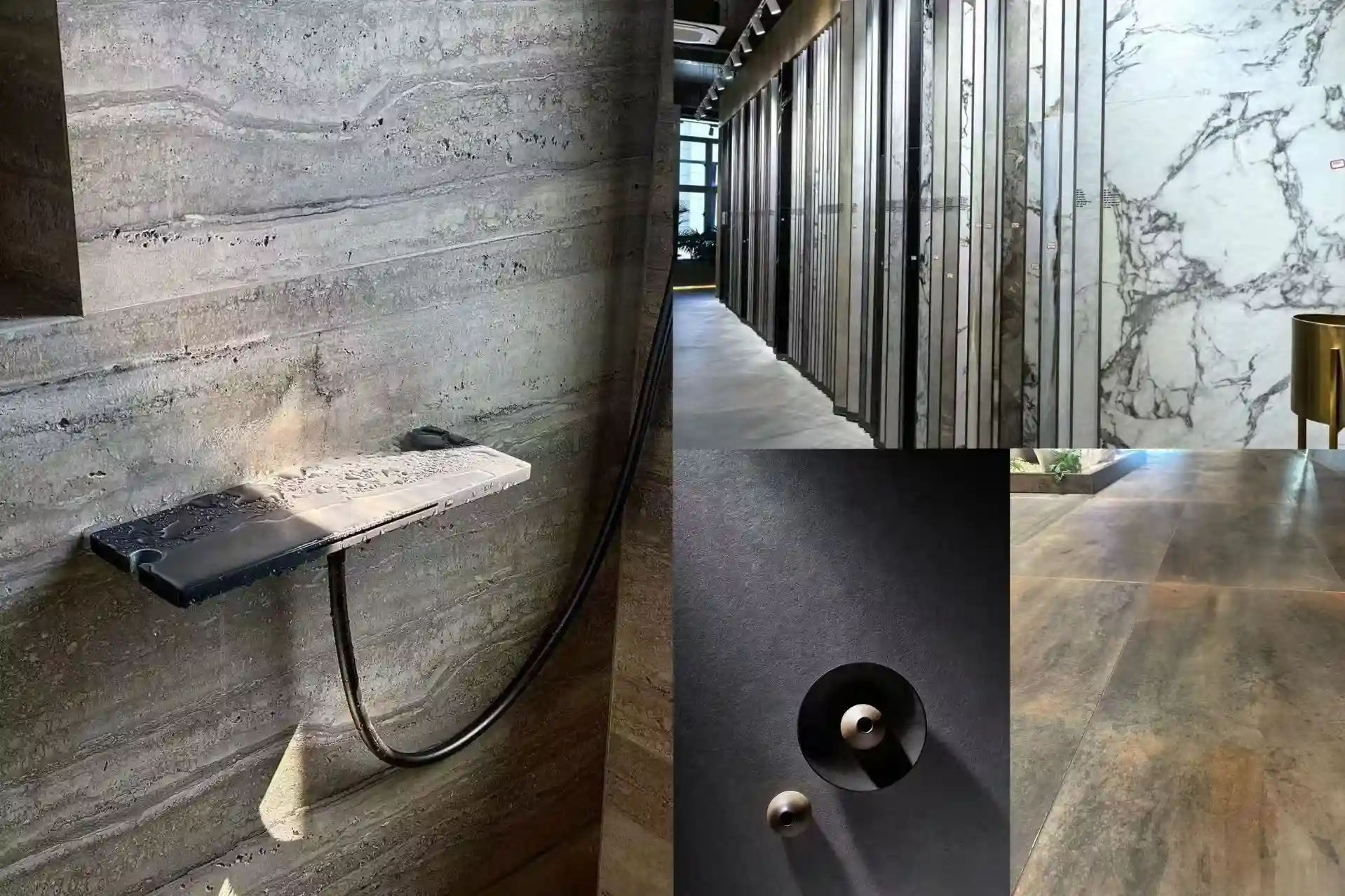 Rustic Tile Manufacturer | Industrial & Travertine Looks Industrial rustic tiles with travertine and oxidized metal looks, showroom view