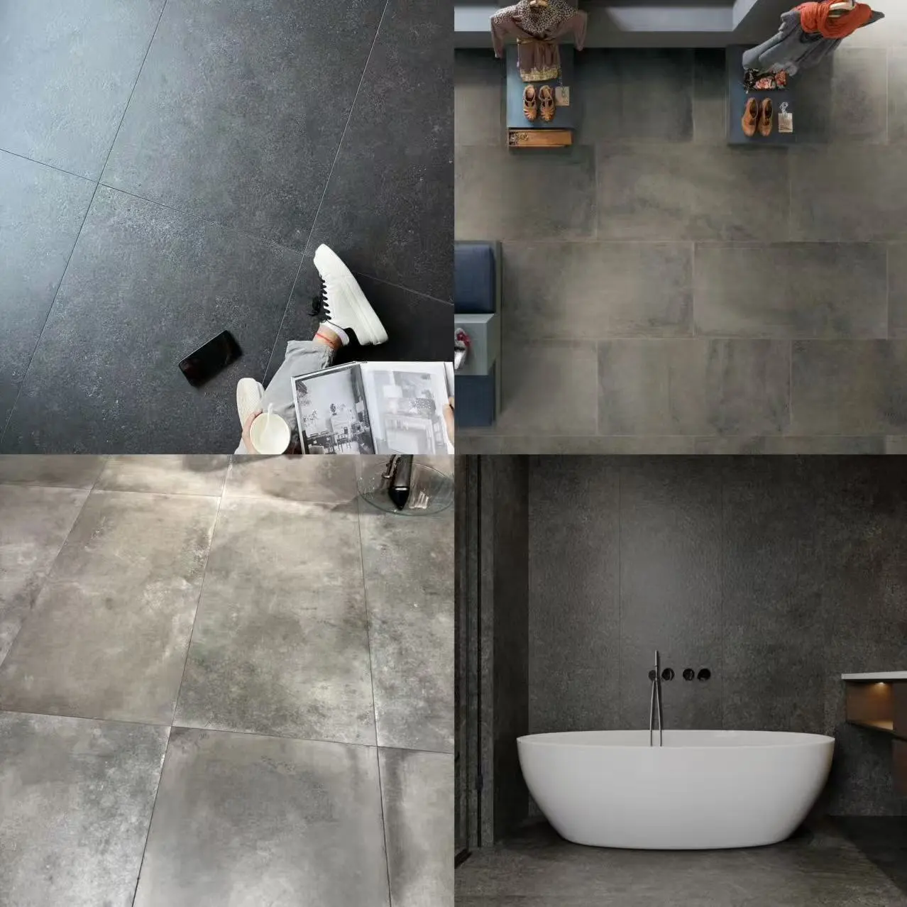 Rustic Tile Supplier | Concrete-Look Porcelain Floors Concrete-look rustic tiles used in stores and bathrooms