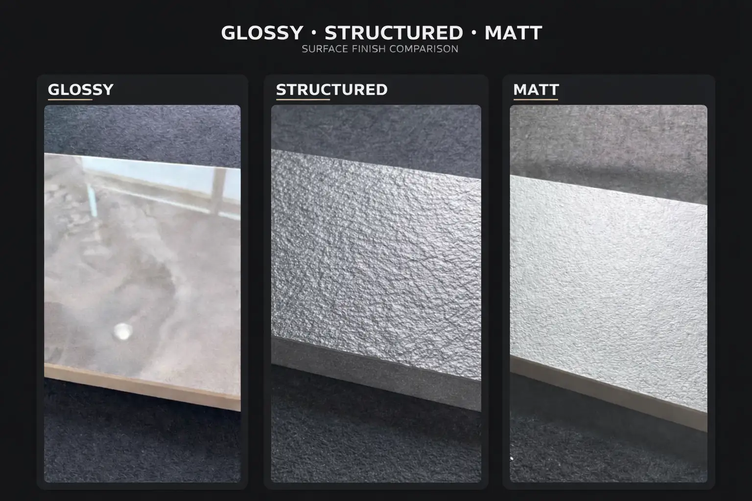 Floor Tile Finishes: Glossy, Structured, Matt Floor tile finishes comparison—glossy, structured, matt—on porcelain slabs, slip resistance options