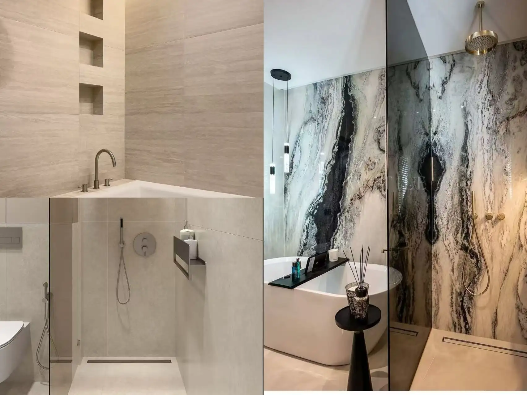 Bathroom Tile Supplier Showcase for Shower Wall Projects Bathroom tile supplier showcase with beige stone-look shower tile and dramatic marble-look porcelain feature wall