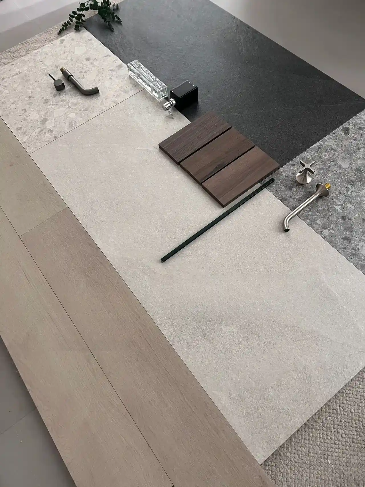 China Porcelain Tile Factory Sample Board China porcelain tile factory sample board with stone-look tile, terrazzo surface, wood texture, and bathroom hardware finishes