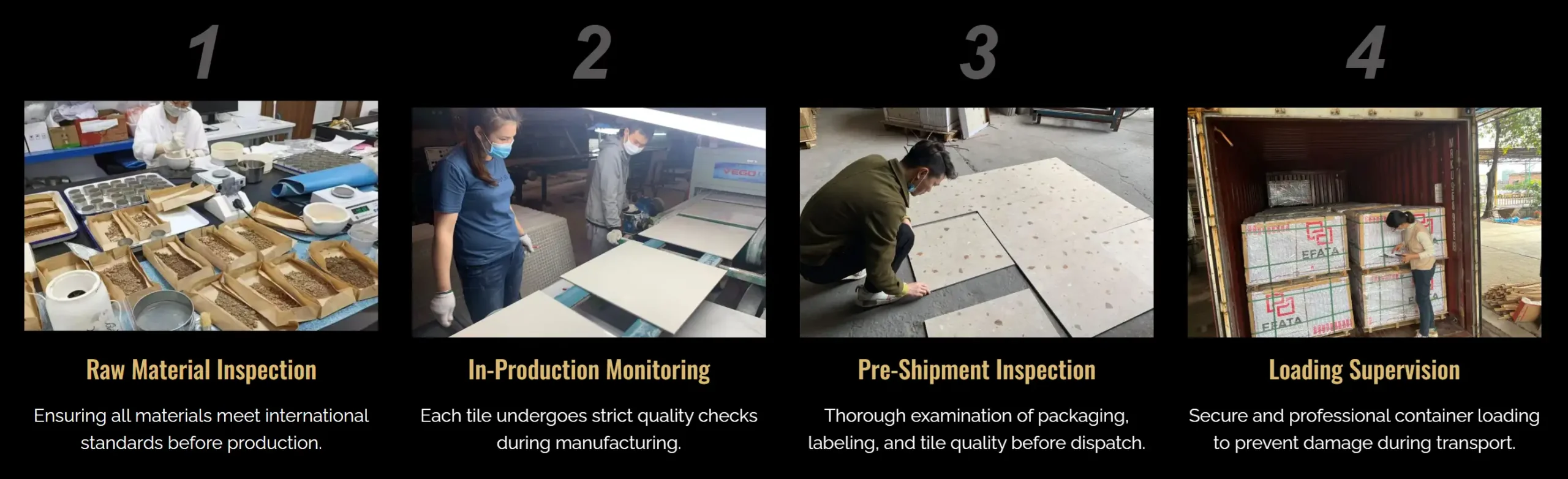 China Ceramic Tile Factory Quality Inspection Process Tile quality inspection process at a China ceramic tile factory including raw material inspection, production monitoring, pre-shipment check, and loading supervision