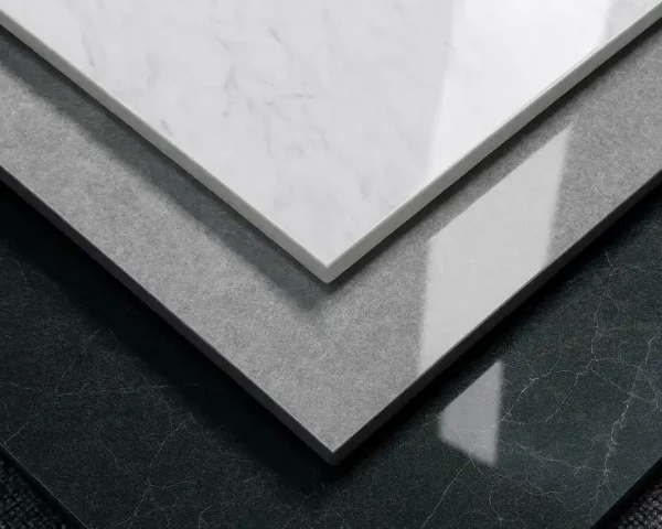 Stacked samples of polished porcelain tiles in white, gray and black with high gloss reflection from Kingsun Foshan