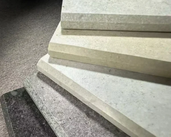 China ceramic tile supplier showing porcelain slab edges in grey and beige tones, anti-slip texture, Foshan floor tile manufacturer