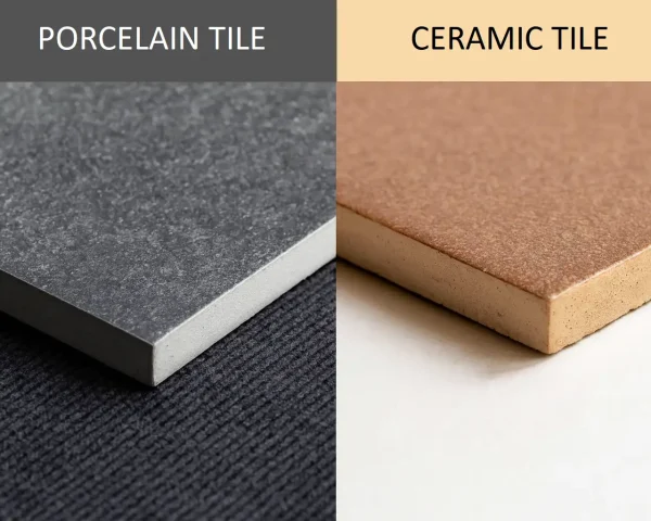 Side-by-side comparison of porcelain tile vs ceramic tile showing body density and surface
