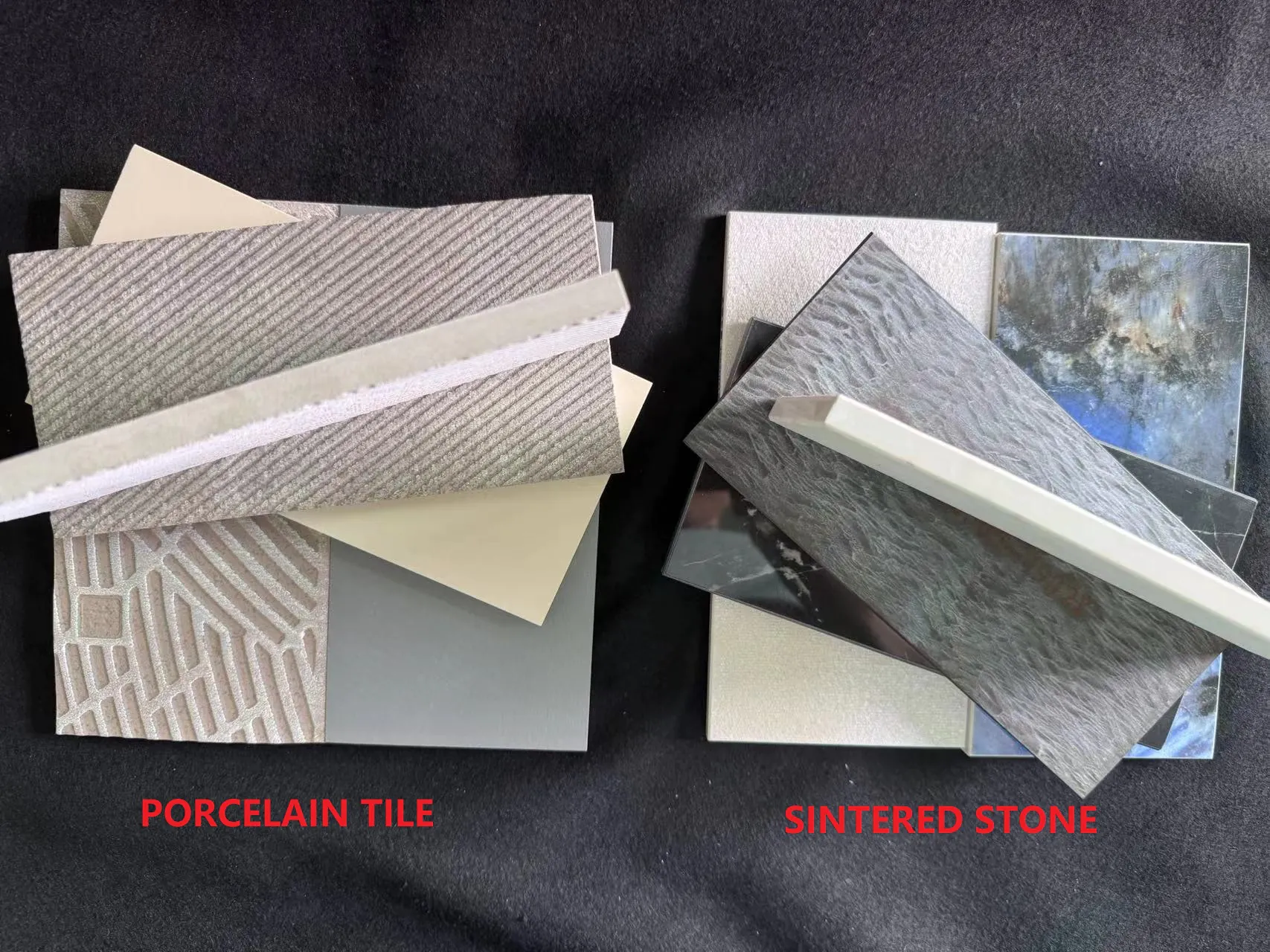 Comparison between porcelain tile and sintered stone samples, highlighting differences in texture, thickness, and surface finish