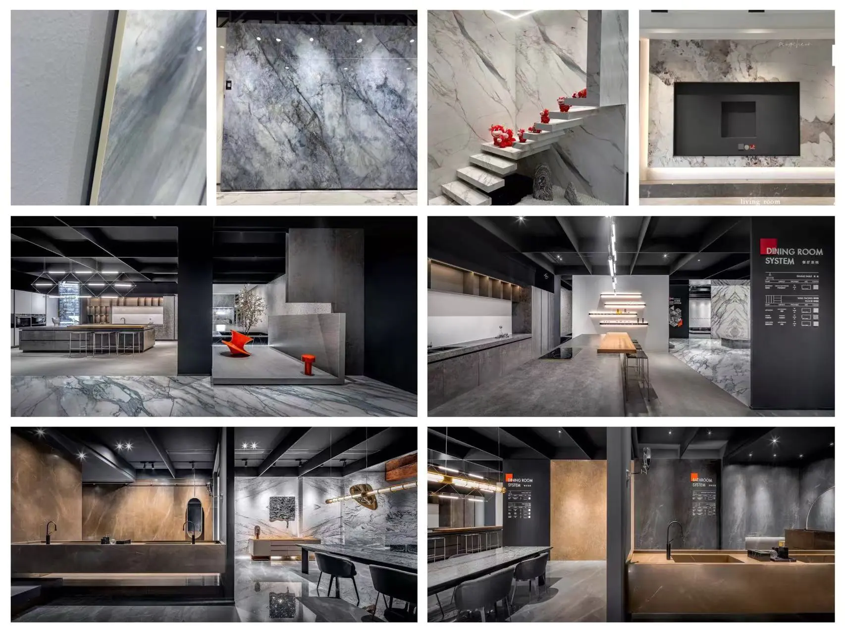 Modern applications of sintered stone in kitchen, living, and dining rooms