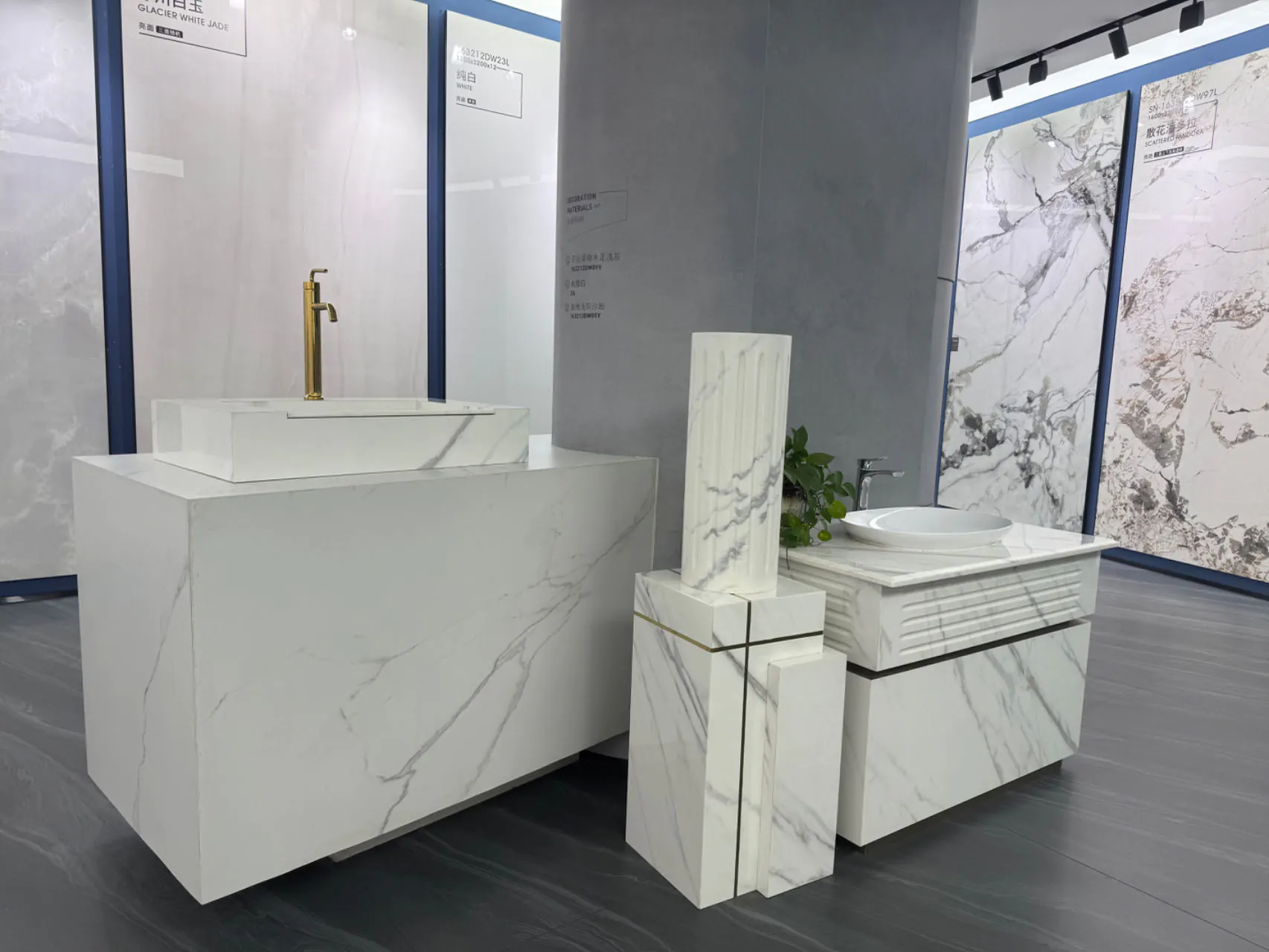 Marble-look bathroom sink vanity in sintered stone