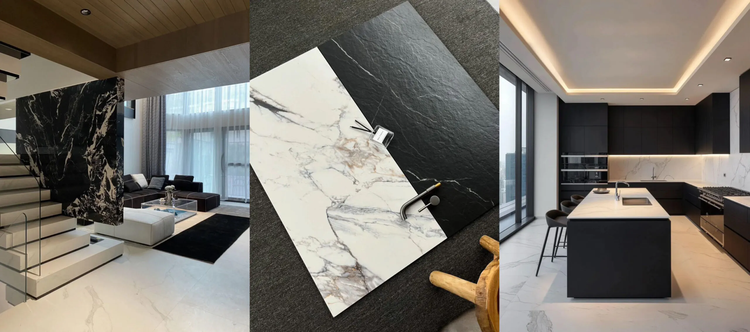 Black-white marble look porcelain tiles in modern living room and kitchen concept