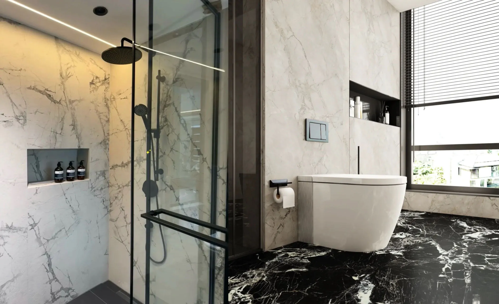Black and white marble effect porcelain tiles for modern bathroom