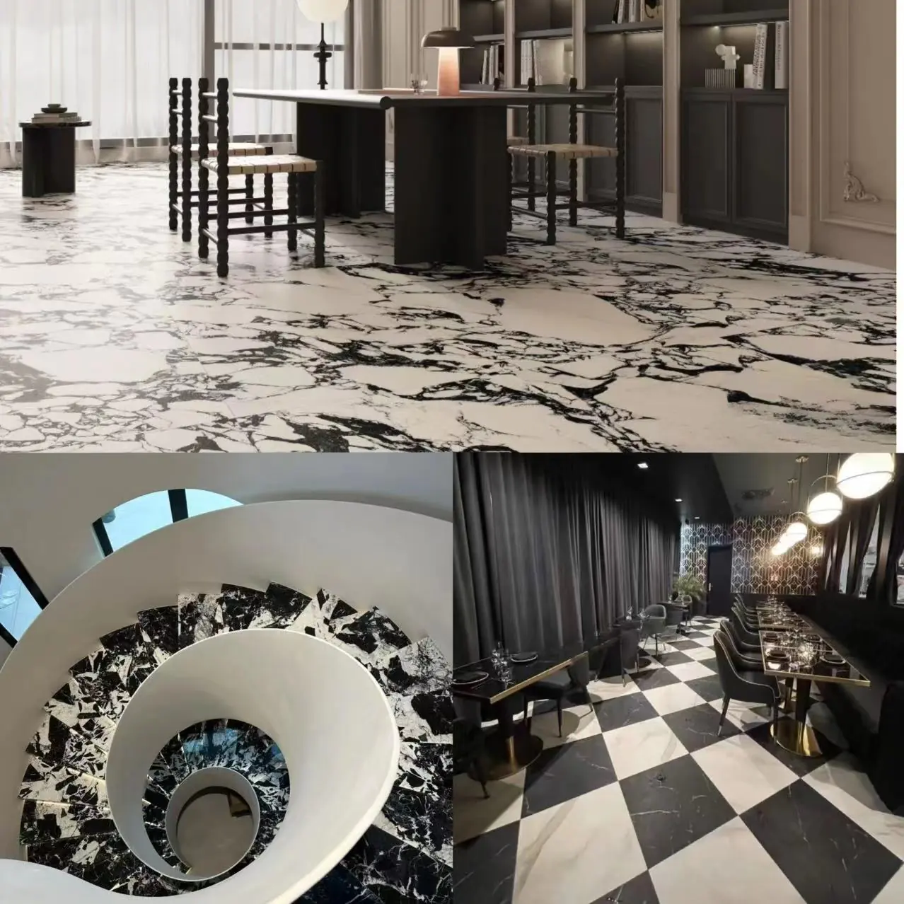 Hotel and club interiors showcasing dramatic black and white marble effect porcelain flooring