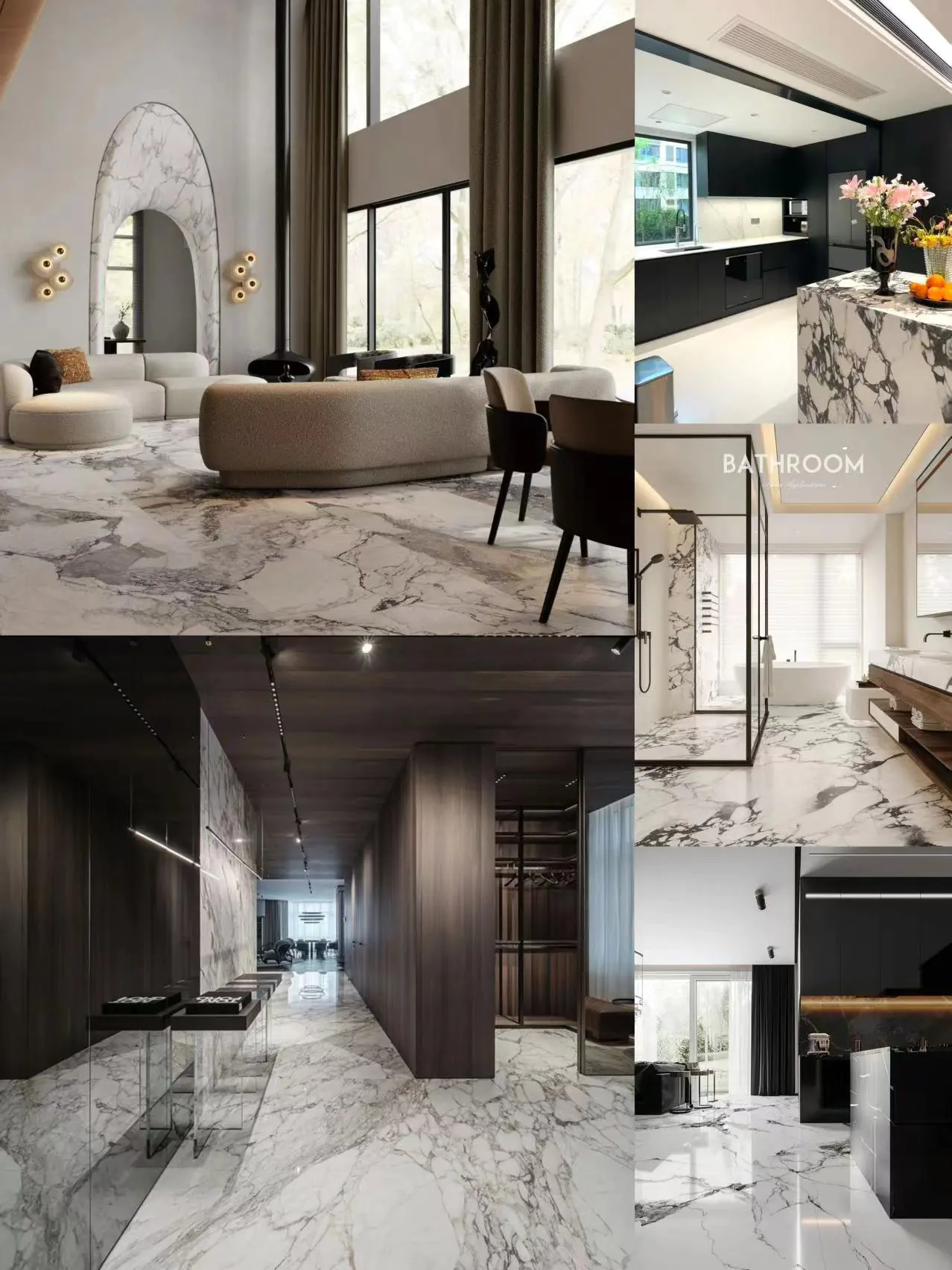 Collage showing black and white marble porcelain tiles in living room kitchen corridor interiors