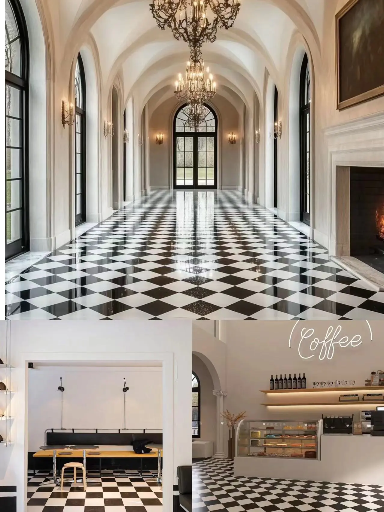 Checkered black white porcelain floor tiles for retail commercial spaces