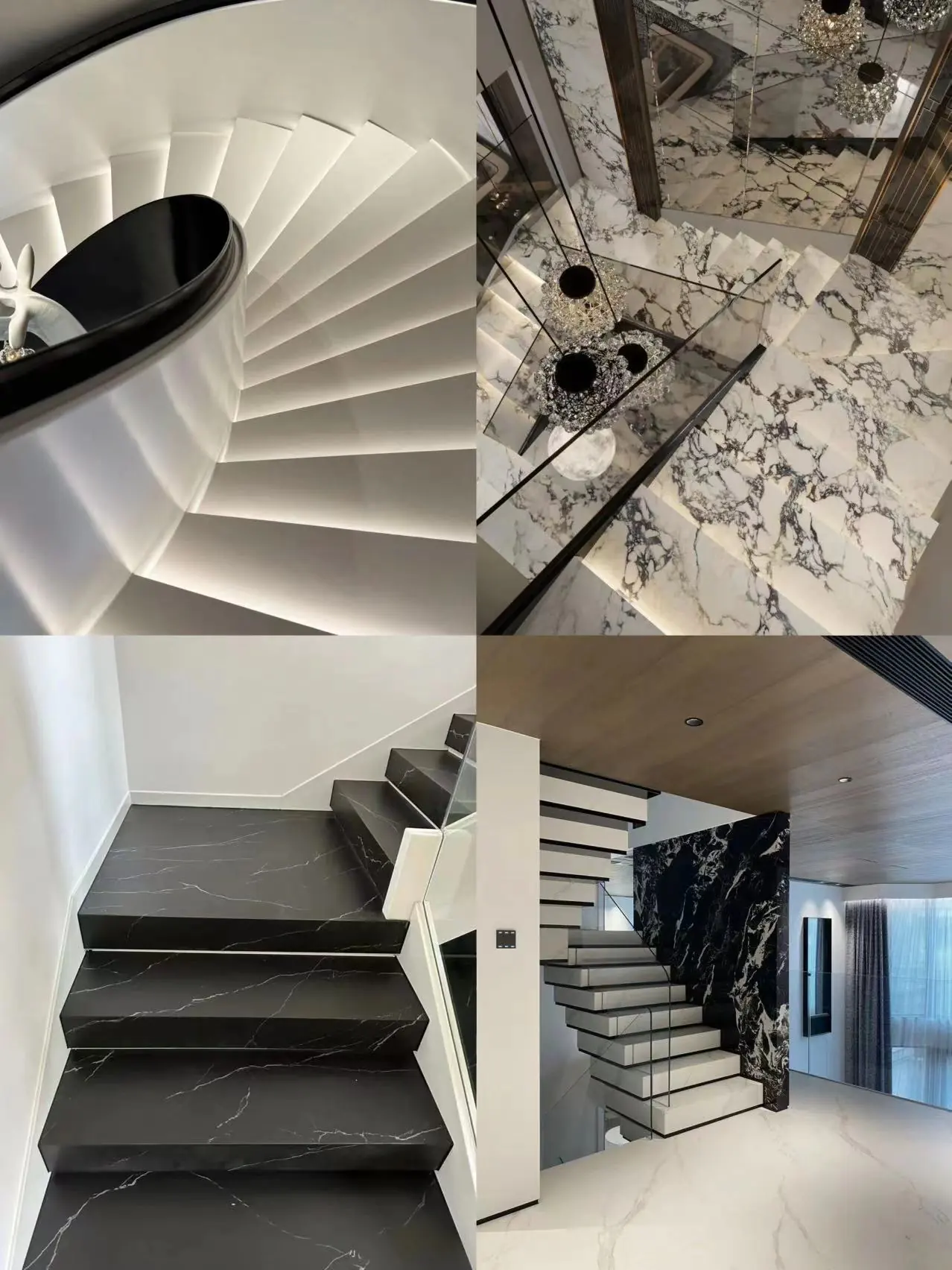 Black and white porcelain tiles on stair treads risers and landings