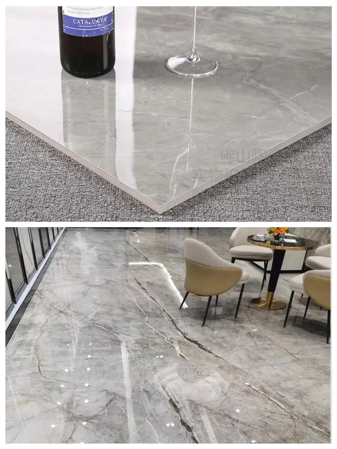 Ultra-gloss marble-look porcelain tile with mirror reflection flooring