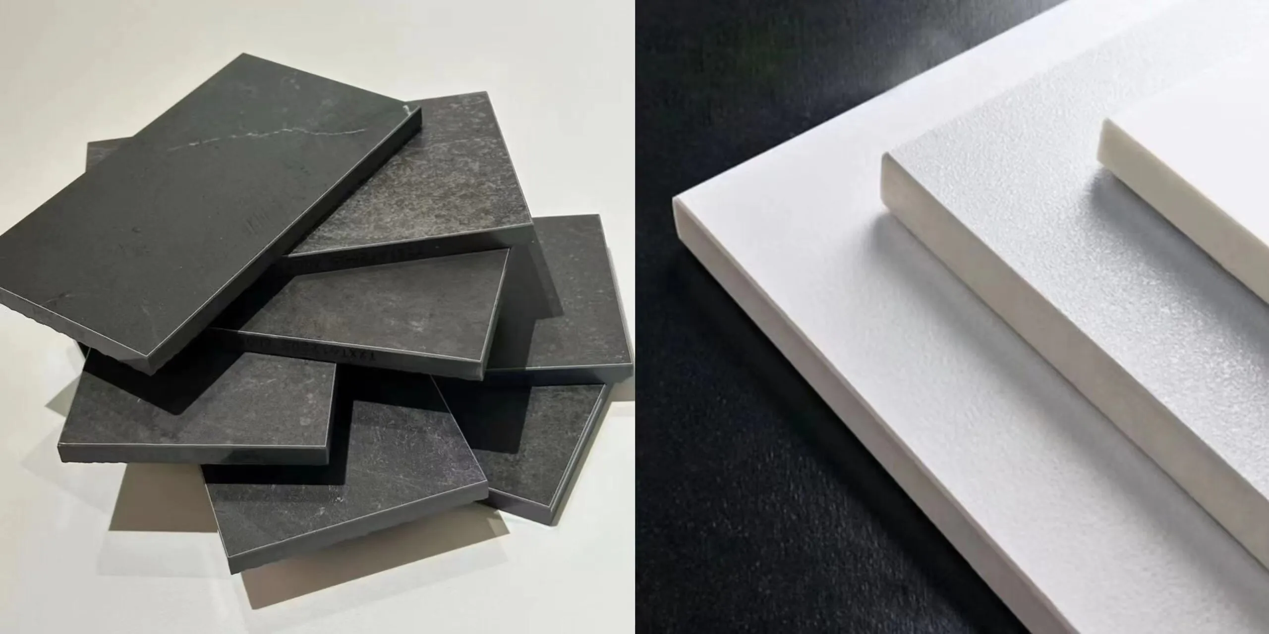Stacked matte black porcelain tiles and separate white tiles sample from Foshan factory
