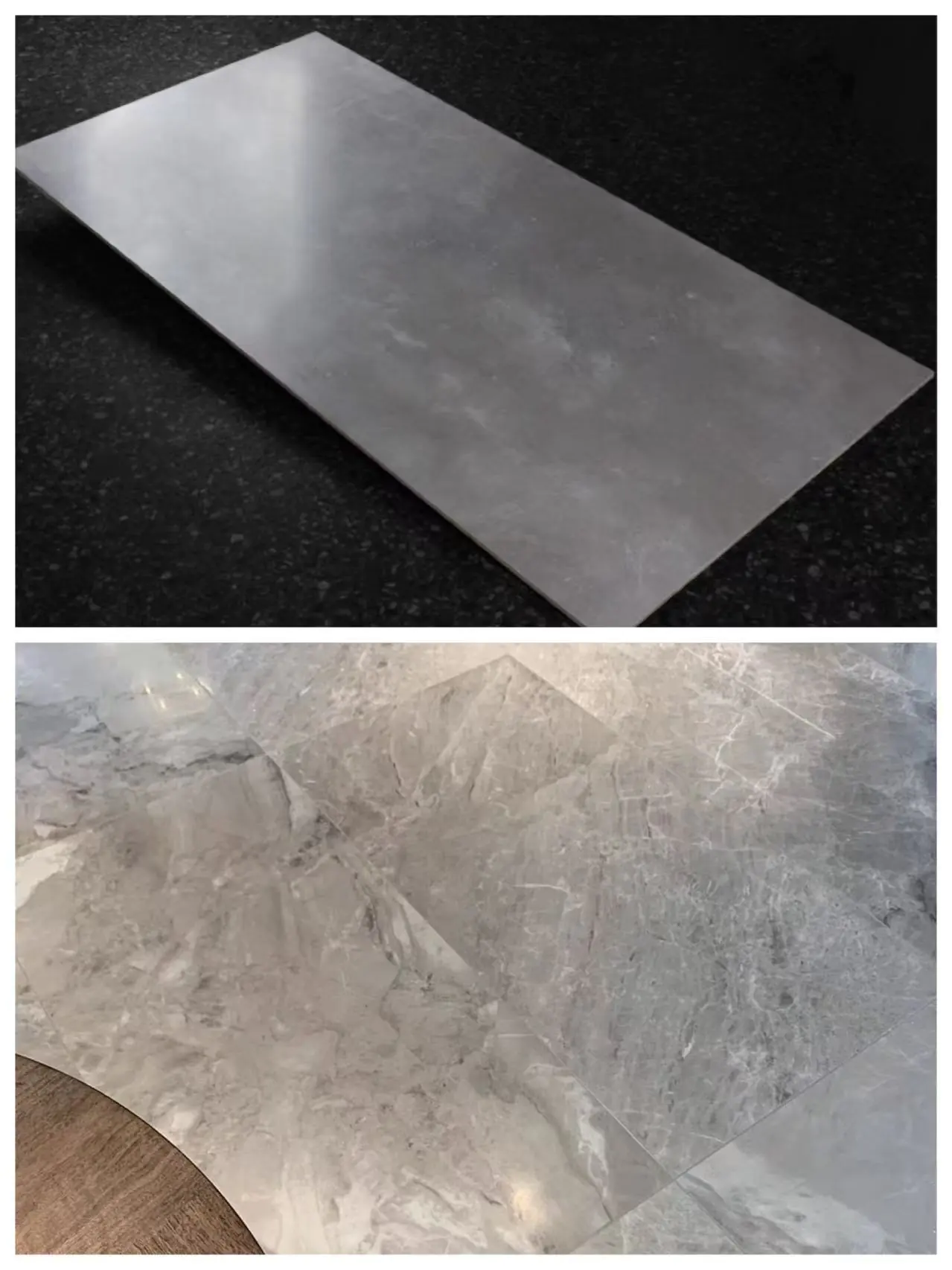 Smooth honed grey porcelain slab and elegant matte floor