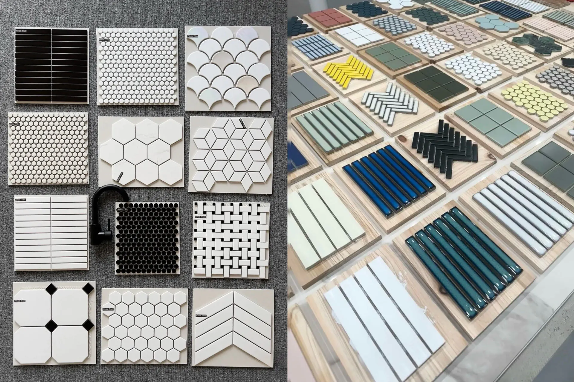 Assorted mosaic tile shapes and color samples on boards