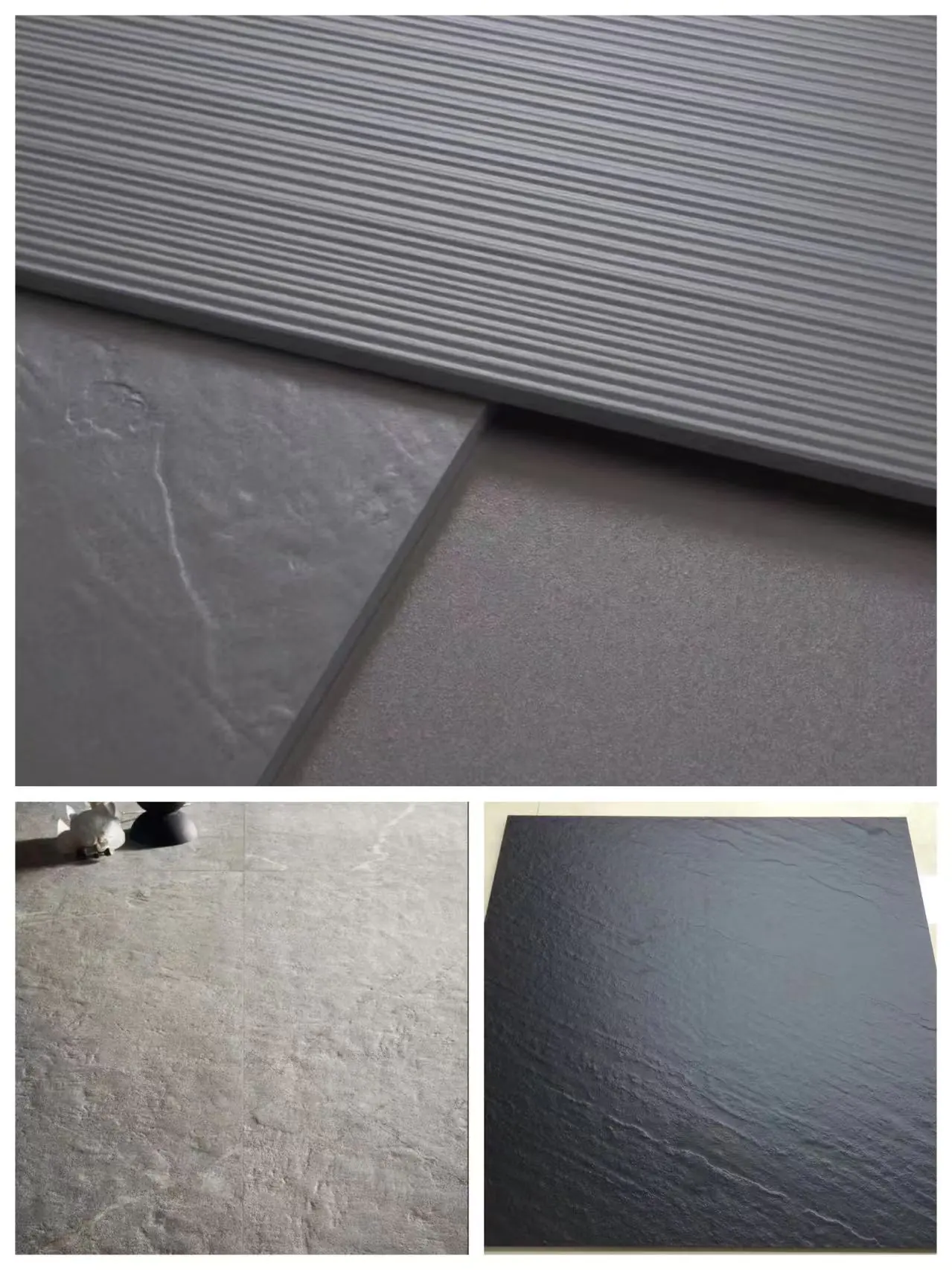 Rough anti-slip porcelain tiles with ribbed and slate textures