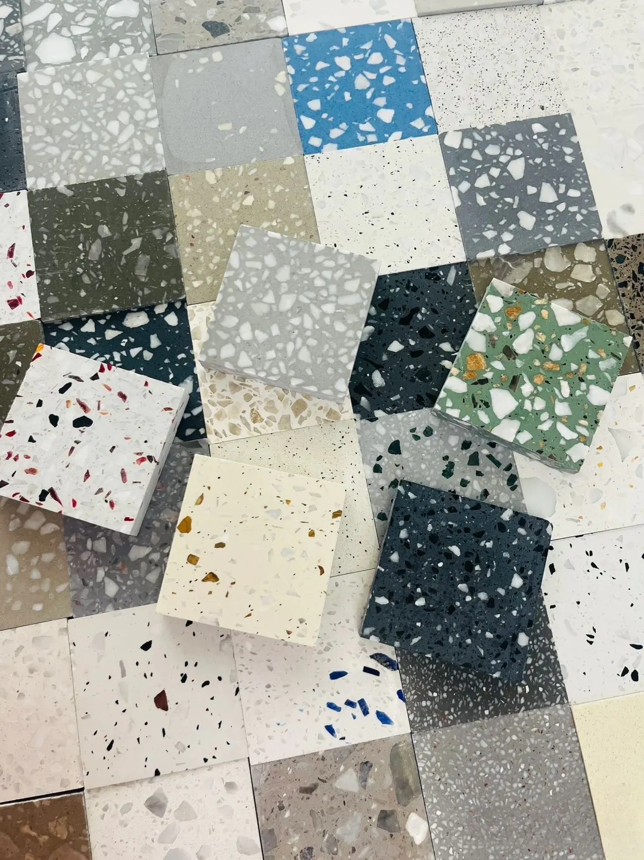 Colorful terrazzo tile chips in various patterns