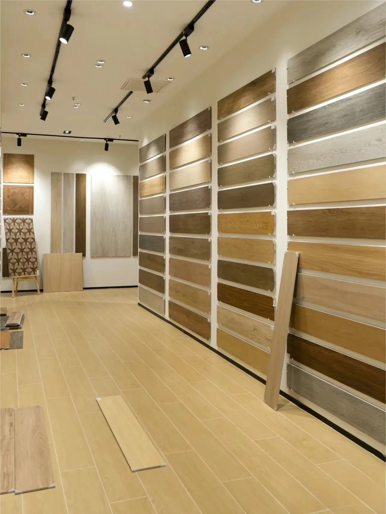 Realistic wood grain plank porcelain floor and wall tiles showroom