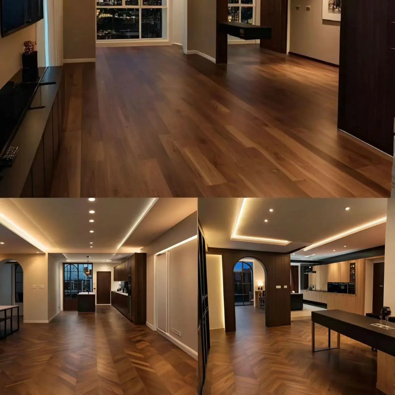 Residential apartment fitted with walnut wood tile flooring from Kingsun, China, showing straight plank and herringbone installs.