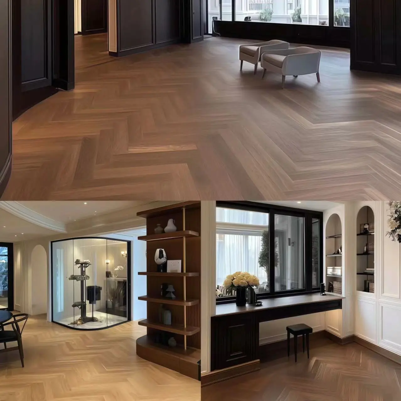 Luxury interior spaces finished in warm oak herringbone wood tile flooring supplied by Kingsun, China.