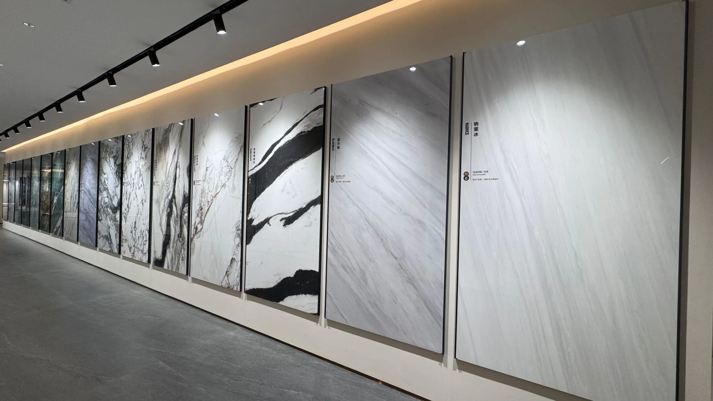 Modern sintered stone showroom with large format slabs display