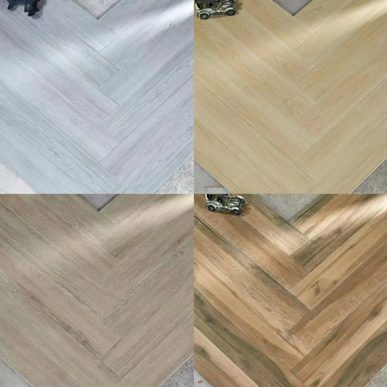 Four colour options of wood tile flooring in herringbone layout from Kingsun, China—grey, light oak, taupe and natural tones.
