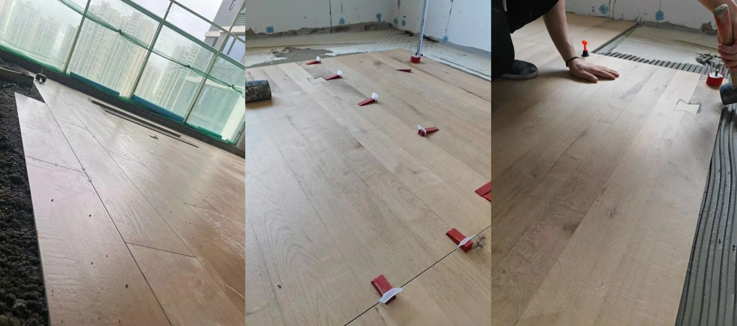 On-site installation of wood tile flooring with levelling clips, adhesive and tapping block—Kingsun China project.