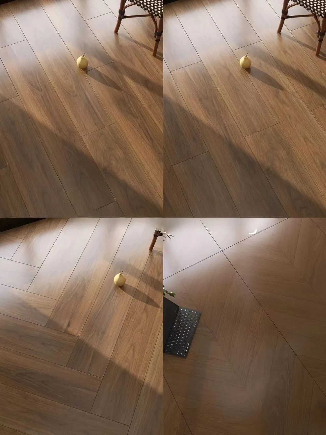 Four laying patterns for wood tile flooring—plank, diagonal, herringbone, chevron—using Kingsun tiles from China.