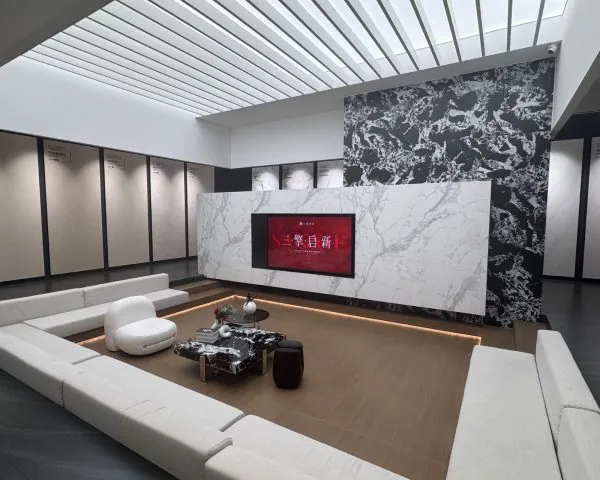 Modern sintered stone showroom displaying large format slabs in elegant setting